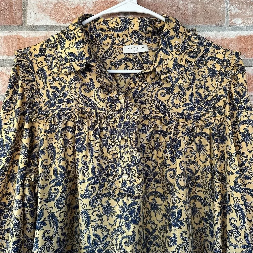 Sandro Paris Silk Paisley Dress Gold Navy Ruffle Long Sleeve Women’s 40 US 8